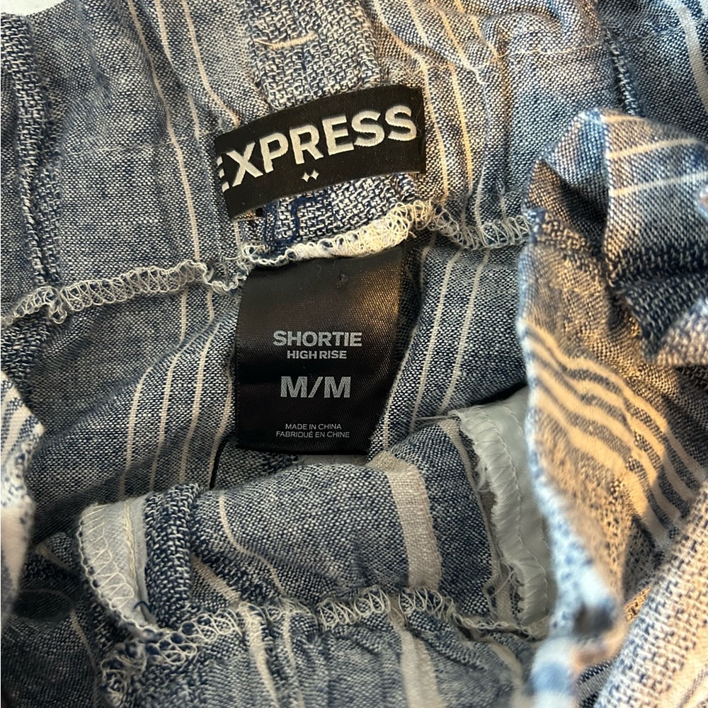 Express “Shortie” high waisted shorts blue/white stripes size medium tie… - Picture 3 of 7